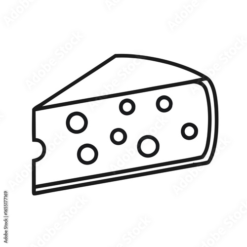 Swiss cheese slice with holes, outlined against white background, triangular shape food