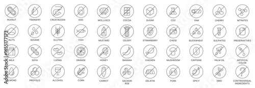 Collection of allergen free icons including nuts, gluten, dairy, seafood, additives, and more, designed for food packaging and labeling, isolated on white background vector illustration