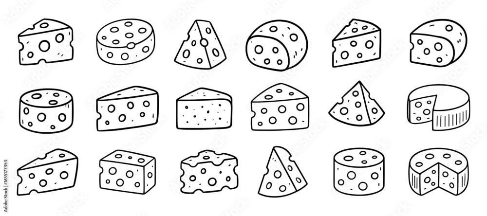 Obraz premium Collection of various cheese slice and piece doodles in hand drawn style, ideal for restaurant menu or culinary design, isolated on white background vector illustration