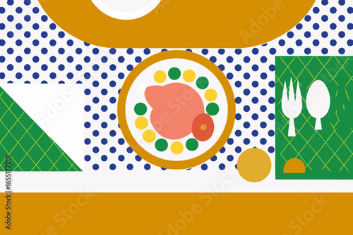 Elegant Thanksgiving table setting featuring a single plate with turkey and colorful side dishes, white linen, and vibrant decor creating a festive atmosphere for celebration
