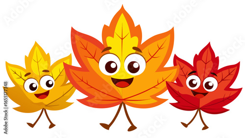 Funny cartoon characters shaped like autumn leaves, smiling and walking together, showcasing vibrant colors and playful expressions, celebrating the arrival of autumn vibes and seasonal change