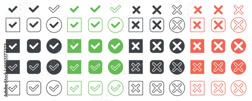 Collection of checkmark and cross icons in various styles, including outlined and filled designs, ideal for interface or checklist use, isolated on white background vector illustration