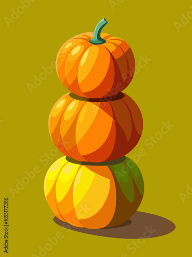 Three stacked pumpkins in vibrant autumn colors, showcasing rich textures and shadows, embodying the essence of harvest season and seasonal festivities