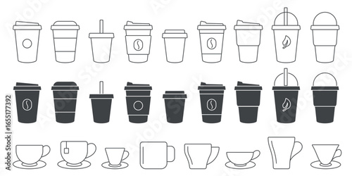 Collection of various coffee cup and mug doodles in line and solid styles, featuring takeaway and classic designs, isolated on white background vector illustration