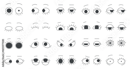Collection of various hand drawn doodle eyes in different expressions and styles, perfect for creative projects and design elements, isolated on white background vector illustration