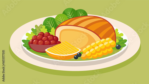 Sliced turkey breast served on a plate with corn, green beans, and cranberries, showcasing a festive Thanksgiving meal composition with vibrant colors and fresh ingredients
