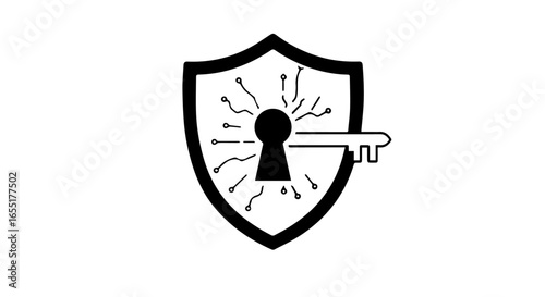 Monochrome vector icon of a cybersecurity shield with a key and circuit board pattern.