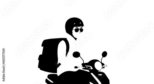 Monochrome vector illustration of a courier in a helmet and sunglasses riding a scooter with a large backpack.