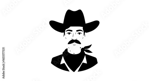 Monochrome vector portrait of a mustachioed cowboy wearing a classic hat and bandana.