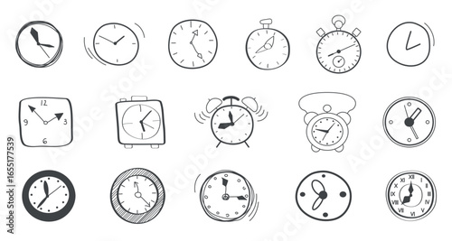 Collection of hand drawn clock doodles featuring various timepieces, alarm clocks, and timers, ideal for creative projects and time concepts, isolated on white background vector illustration