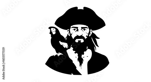 Monochrome vector portrait of a bearded pirate captain with a parrot on his shoulder.