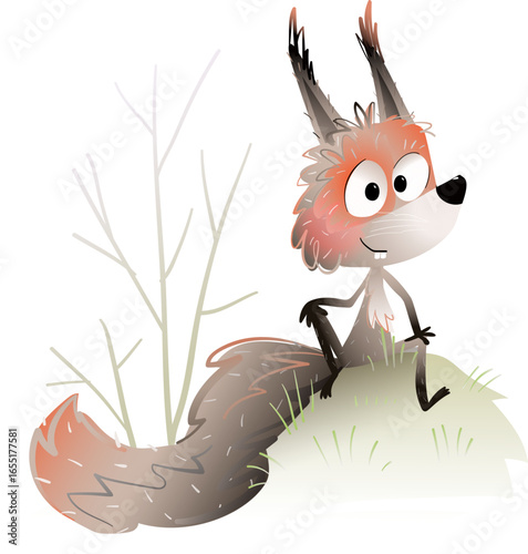 Cute Cartoon Squirrel Sitting in a Forest with a Curious and Fun Expression. Hilarious fluffy squirrel character for children. Hand drawn vector illustration for kids in watercolor style.