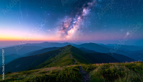 Majestic mountain vista under a night sky ablaze with the Milky Way.