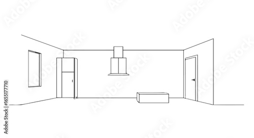 Schematic line art illustration of a modern kitchen interior design plan showing a onepoint perspective view of the empty room.