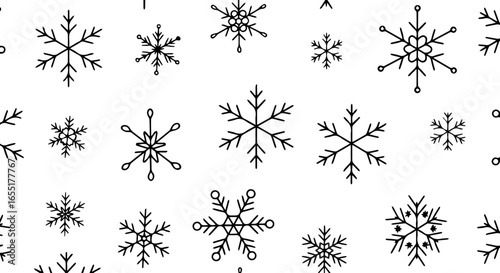 Seamless pattern of various handdrawn black doodle snowflakes Simple winter ice crystal illustration.