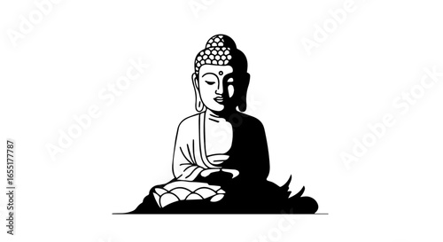Serene Buddha meditating on a lotus flower depicted in a black and white highcontrast graphic style.