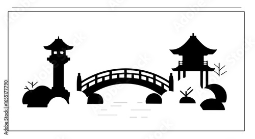 Serene Japanese garden landscape silhouette with an arched bridge stone lantern and a traditional pagoda.