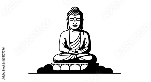 Serene Buddha meditating on a lotus throne a simple black and white line art vector.
