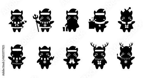 Set of cute black monster character icons for Christmas wearing winter hats scarves and reindeer antlers.