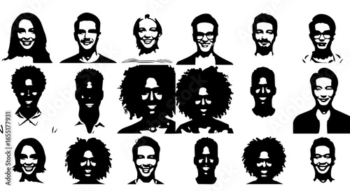 Set of diverse smiling people portraits in a highcontrast black and white graphic stencil style.