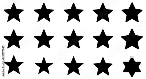 Set of fifteen black handdrawn style star icons with rounded corners including a sixpointed ornament.