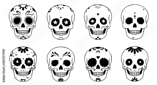 Set of eight handdrawn monochrome sugar skulls with various Day of the Dead decorations.