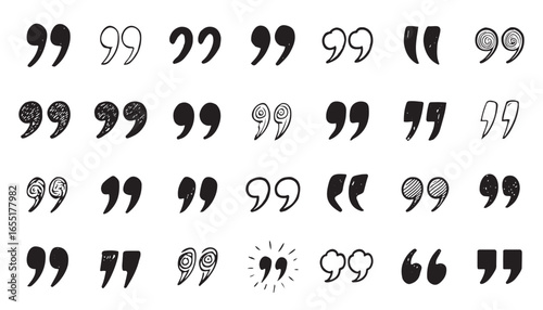 Collection of diverse hand drawn quotation marks, speech bubbles, and quote icons for messaging, dialog, and typographic design, isolated on white background vector illustration