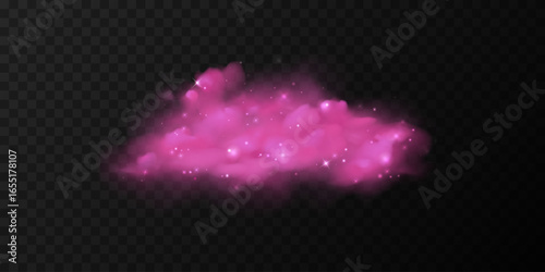 Bright pink glowing cloud with sparkling stars and magical light effect isolated on dark transparent background. Vector decoration for banner, poster, fantasy, dreamy backgrounds, mystical designs.