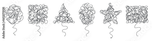 Hand-drawn tangled scribble doodle set featuring various abstract shapes, ideal for concepts of confusion, brainstorming, and creative thinking, isolated on white background vector illustration