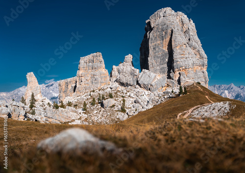 Stunning rock formation of Cinque Torri in the Dolomites, Italy, in summer