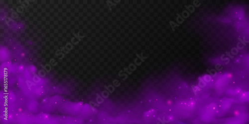 Glowing purple smoke with sparkles isolated on transparent background. Magical mystical fog, fantasy night atmosphere. Vector decoration for banner, backdrop, Halloween party, cosmic design themes.
