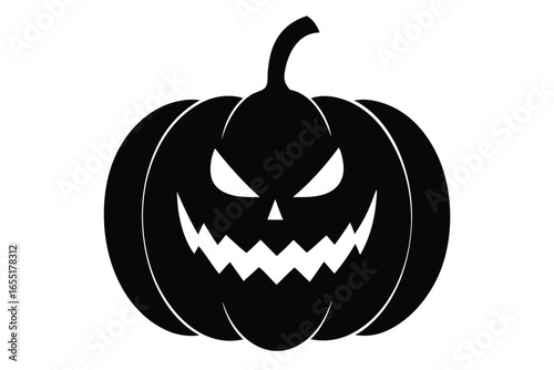 A scary black Halloween pumpkin face illustration with sharp teeth and evil eyes