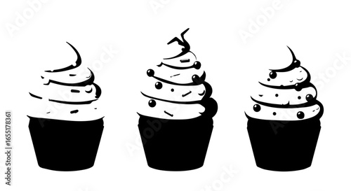 Set of three black and white cupcakes with swirled frosting sprinkles and candy toppings in a graphic silhouette style.