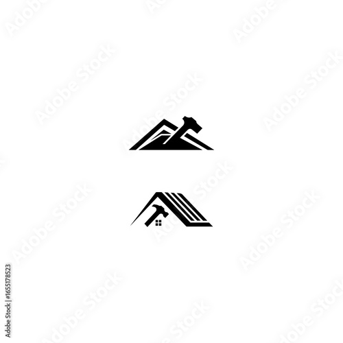 Minimalist roofing logo design featuring a house roof with hammer symbol. Perfect for construction companies, roofing services, carpentry, home repair, handyman business, and building contractors.