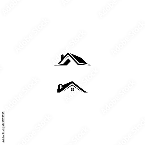 Minimal black vector logo of a house roof with chimney. Perfect for real estate agencies, construction companies, roofing services, home builders, property maintenance, and architecture branding.