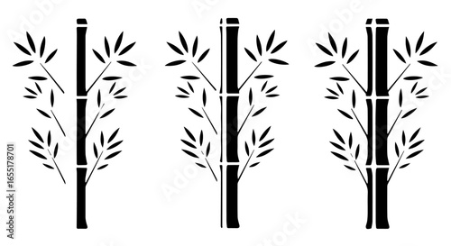 Set of three black bamboo stalk silhouettes in a minimalist graphic stencil style.