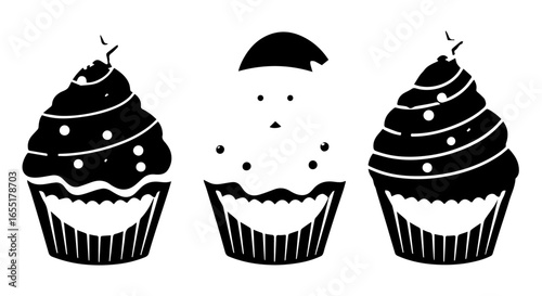Set of three black silhouette Christmas cupcakes featuring Santa Claus and decorated tree designs with star toppers.