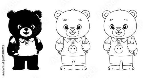 Set of three cartoon teddy bear students with backpacks shown in black silhouette and line art styles for coloring.