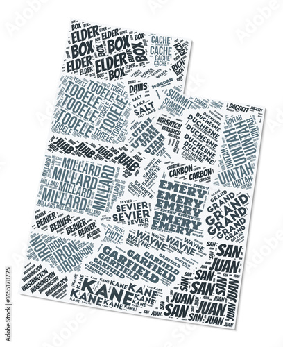 Utah shape text cloud. State border with shadow on white background. Utah with counties division in vintage gazette style. Awesome vector illustration.