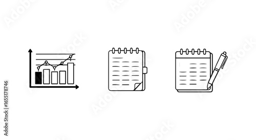 Set of three handdrawn business icons showing a bar chart a spiral notepad and a notepad with a pen.