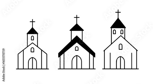 Set of three minimalist church icons with steeples and crosses simple black and white line art illustrations.