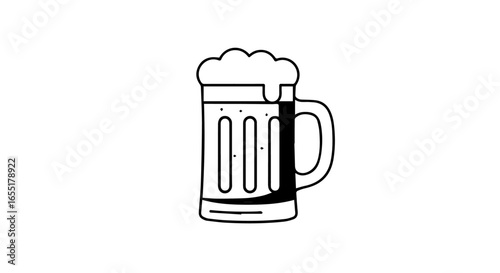 Simple black and white line art illustration of a classic beer mug with a frothy head and bubbles.