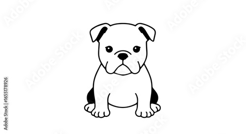 Simple black and white line art illustration of a cute bulldog puppy sitting and facing forward.