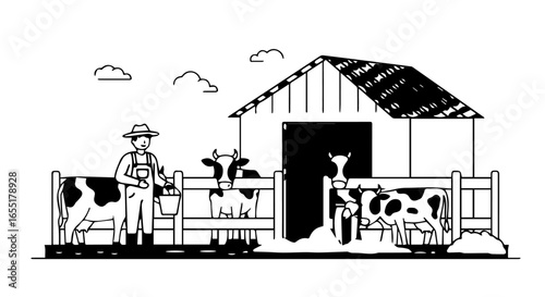 Simple black and white line art illustration of a farmer with cows on a dairy farm.