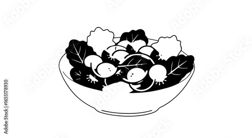 Simple black and white line art illustration of a fresh vegetable salad in a bowl.