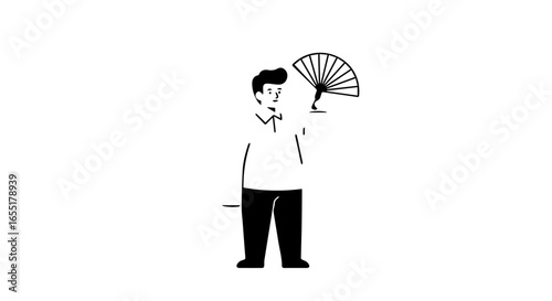 Simple black and white line art illustration of a man standing and holding an open hand fan.