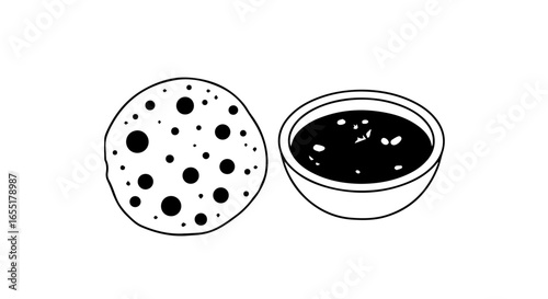 Simple black and white line art of a spotted flatbread next to a bowl of dip.