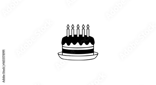 Simple black and white line drawing of a twotiered birthday cake with five lit candles on a plate.