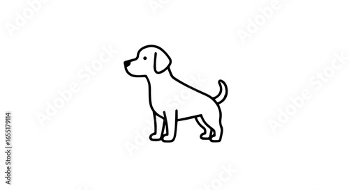 Simple black line art illustration of a cute cartoon dog standing in profile with a curled tail.