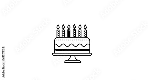 Simple black line drawing of a birthday cake on a pedestal with six lit candles.